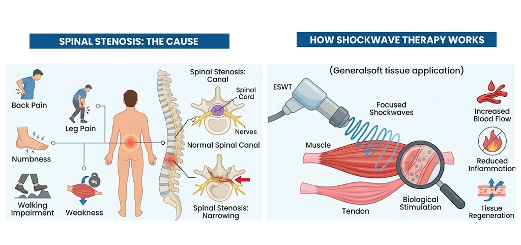 Shockwave therapy treatment for spinal stenosis pain