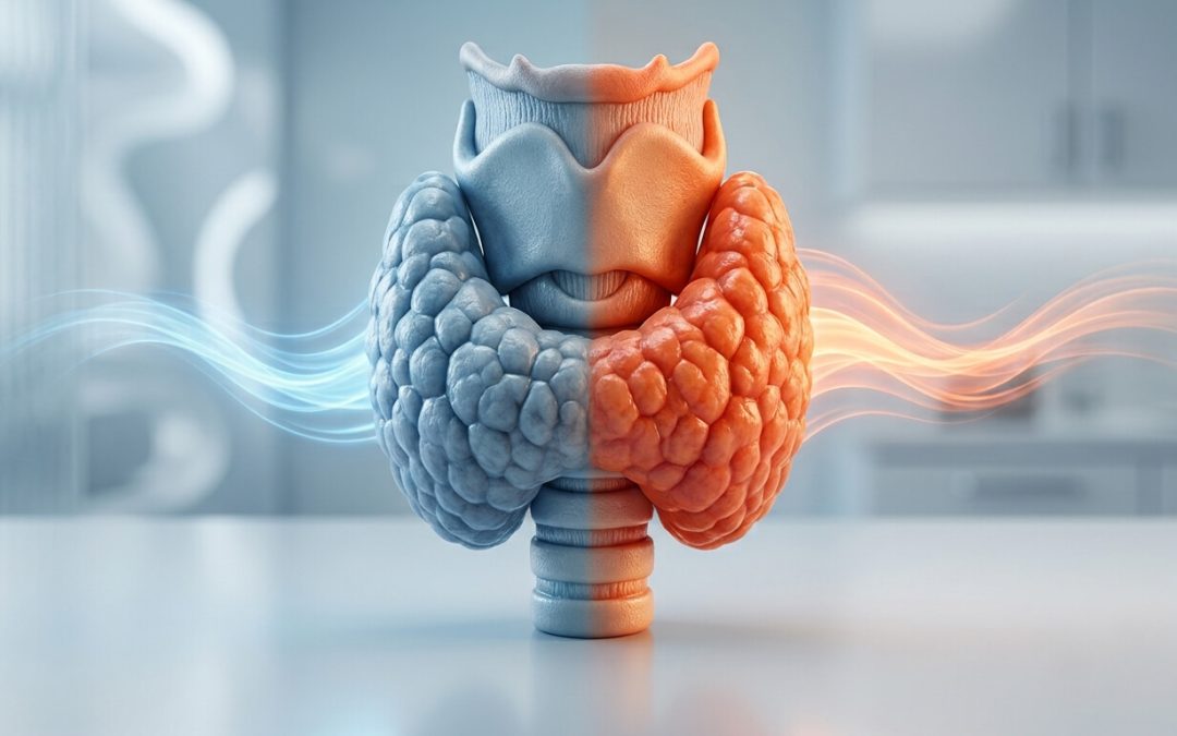 Human thyroid gland anatomy rendered in 3D with blue and orange lighting effects